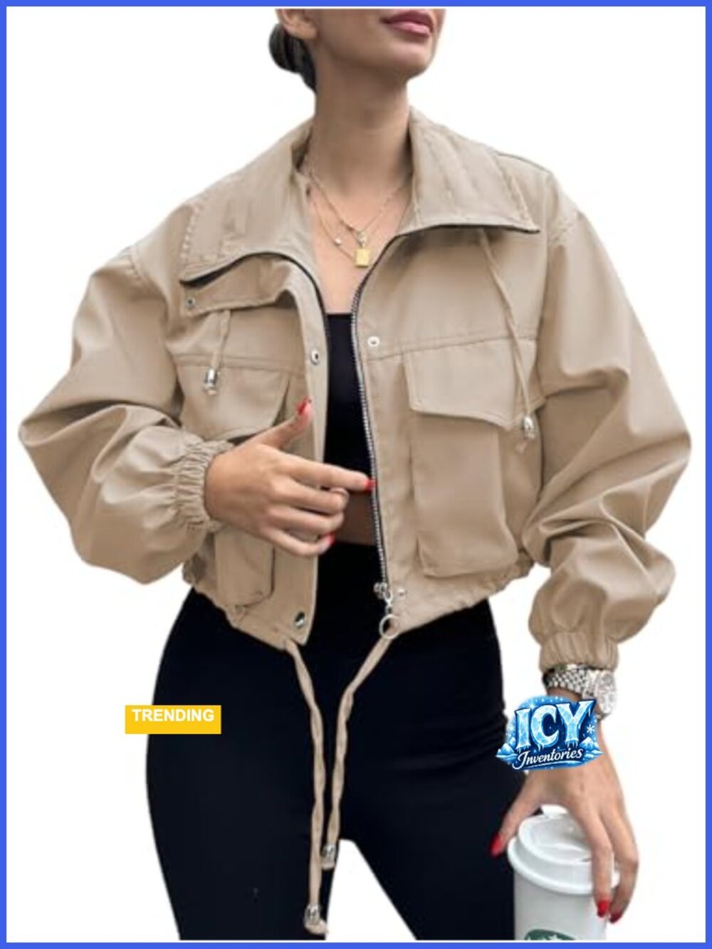 Womens Cropped Zip Up Utility Jacket Lightweight Oversized Anorak